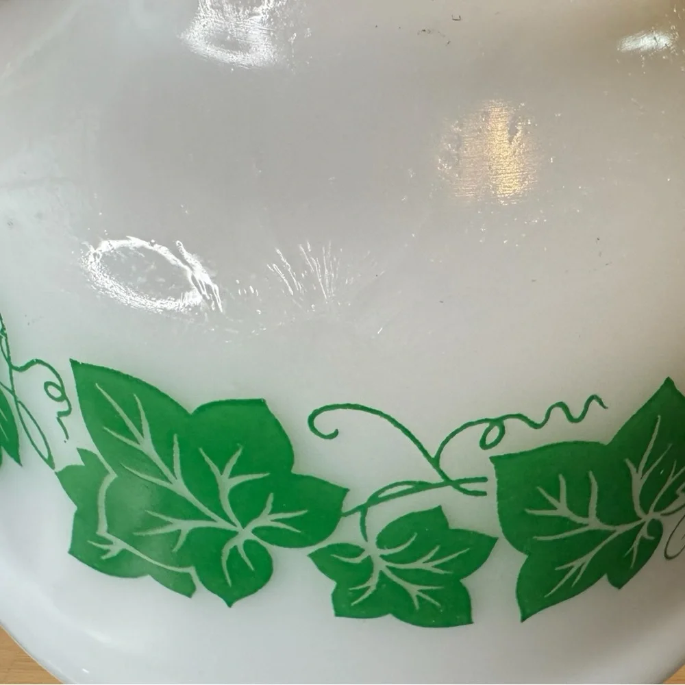 Vintage Hazel Atlas “Ivy” Small Mixing Bowl – Green Leaf Pattern – Milk Glass